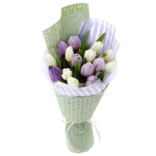 Фото товара 15 біло-фіолетових тюльпанів