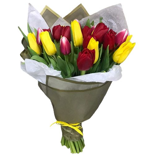 Фото товара 21 червоно-жовтий тюльпан у подвійній упаковці
