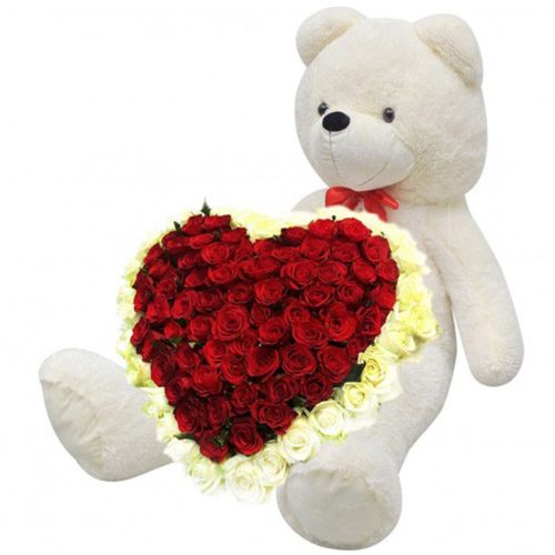 Фото товара Серце 101 троянда та великий ведмедик